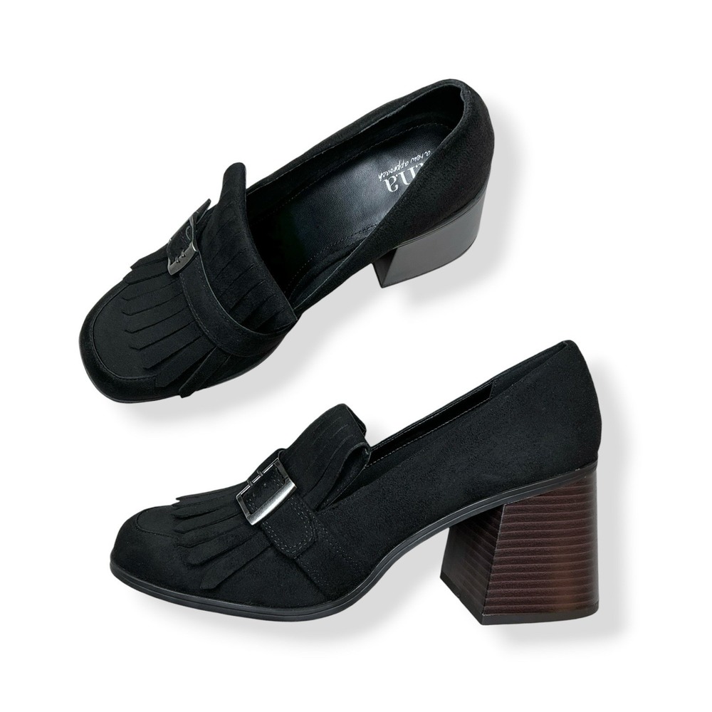 A.N.A. Loafer Women Size 11M Black Faux Suede Faxon Buckle Fringe Block Heel